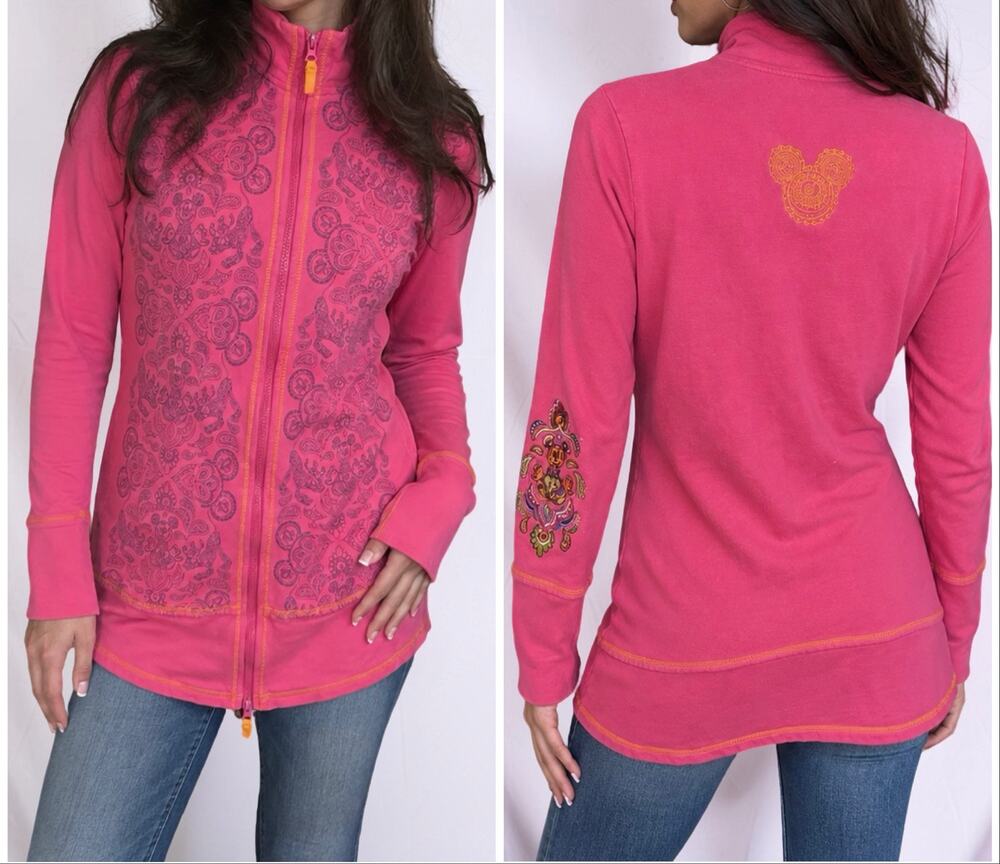 Y2K Disney Mickey Mouse Pink Paisley Zip Up Mock Neck Jacket Size Small
